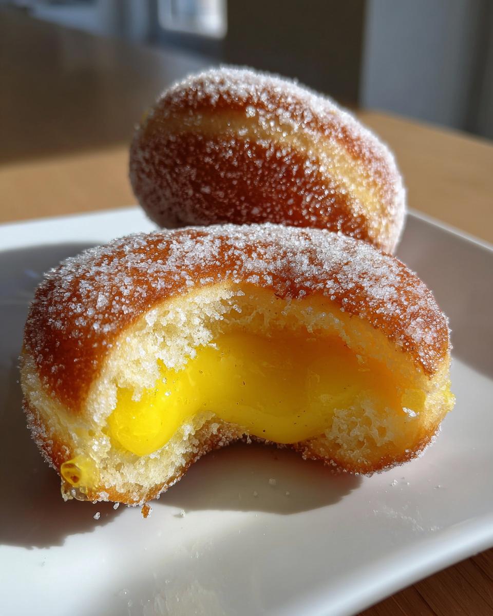 Close-up of a sugar-coated Lemon curd filled donut cut open to show the bright yellow, creamy filling.