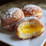 A close-up of a sugar-coated, fluffy donut cut open to reveal bright yellow lemon curd filled donut center.