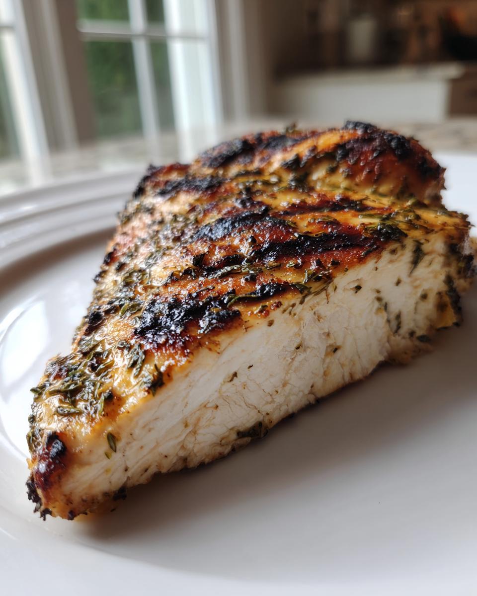 Close-up of a juicy, sliced Lemon herb grilled chicken breast showing char marks and herbs.