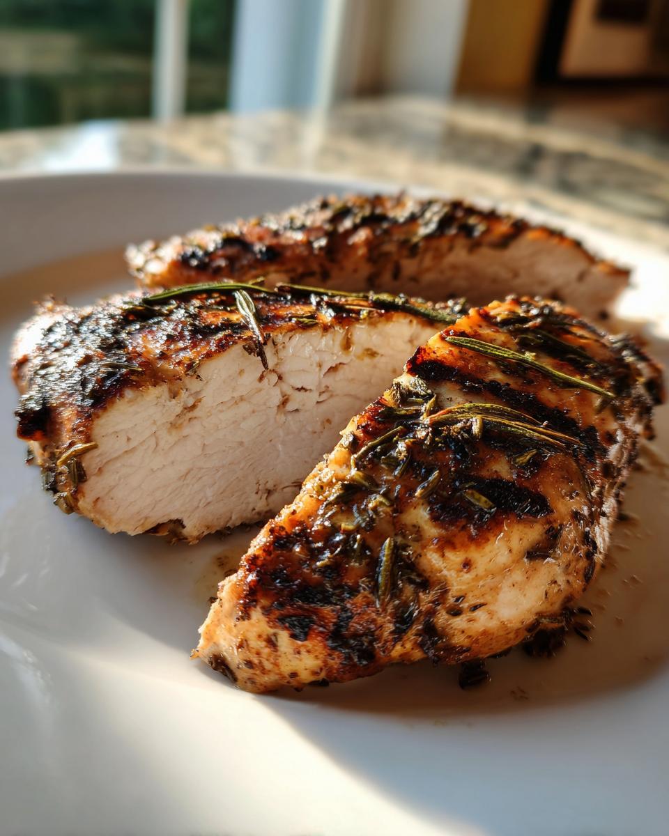Close-up of juicy Lemon herb grilled chicken breast, sliced to show moist interior and herb crust.
