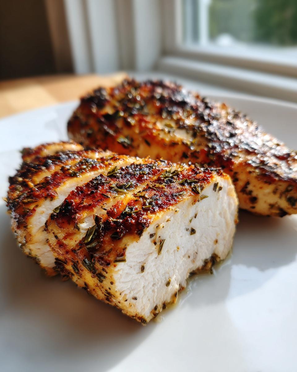 Close-up of perfectly cooked Lemon herb grilled chicken, sliced to show juicy white meat and herb crust.