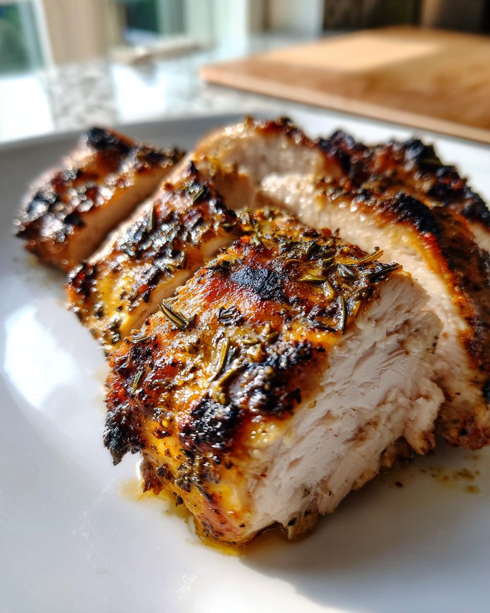 Close-up of sliced Lemon herb grilled chicken breast showing juicy white meat and charred, herby exterior.