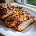 Close-up of sliced Lemon herb grilled chicken breast showing juicy interior and charred herb crust.