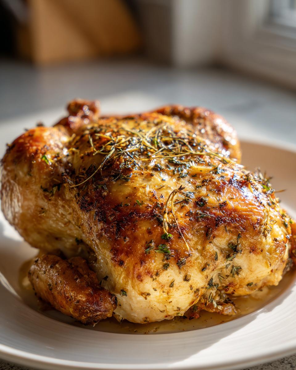 A perfectly roasted Lemon herb rotisserie chicken with crispy, golden skin topped with fresh herbs, resting on a white plate.