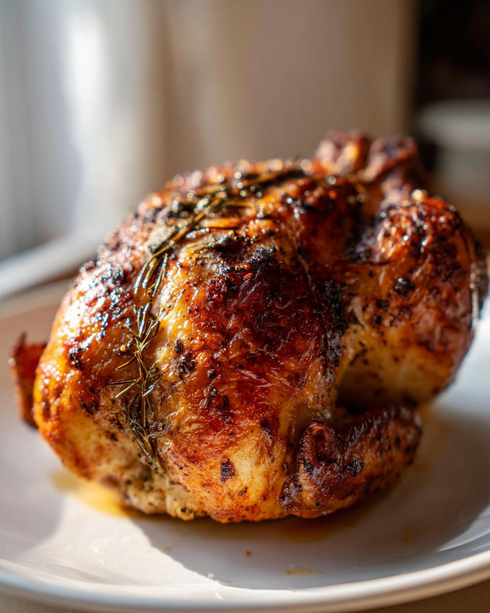 A whole, golden-brown Lemon herb rotisserie chicken seasoned with herbs, resting on a white plate.