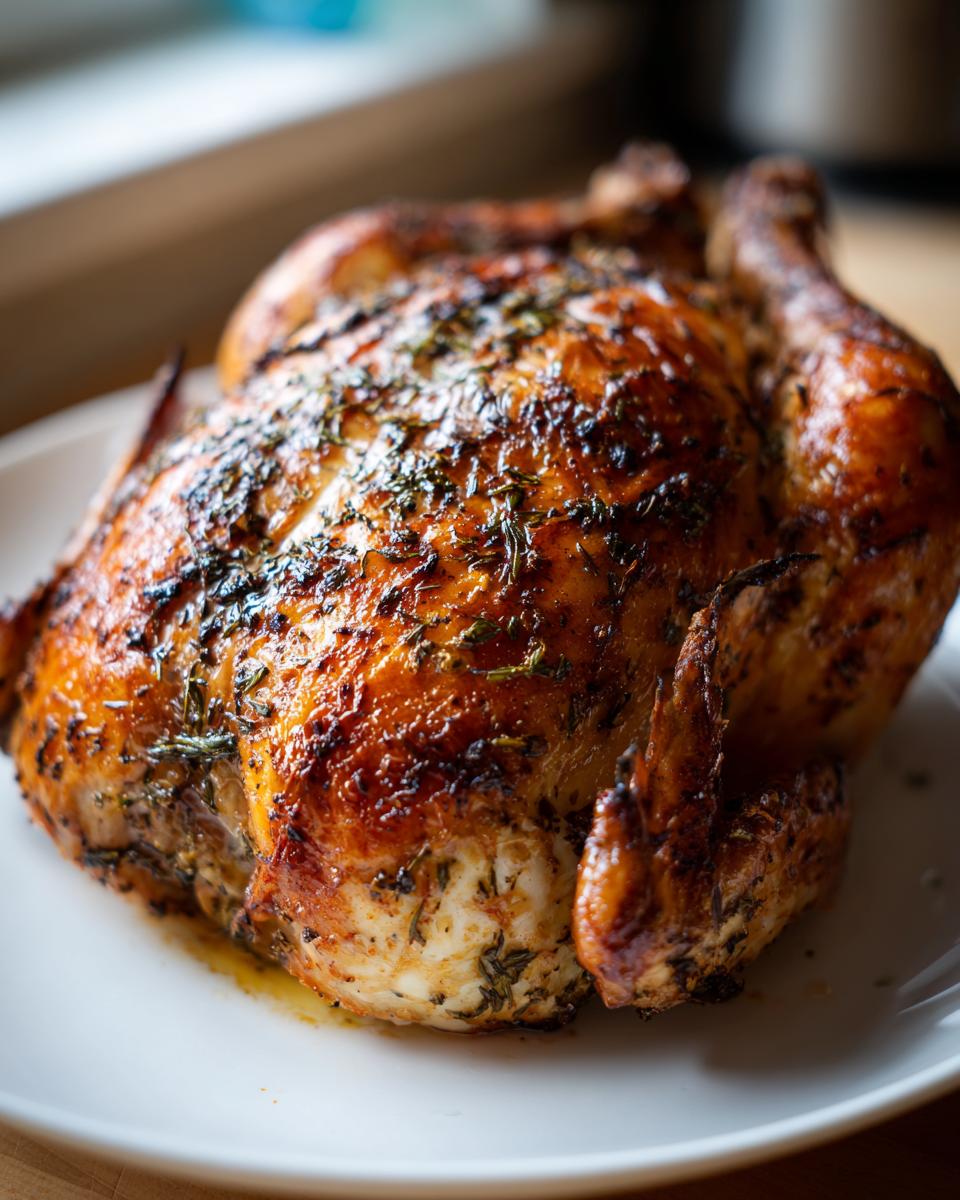 A whole, perfectly roasted Lemon herb rotisserie chicken with crispy, browned skin covered in herbs, resting on a white plate.