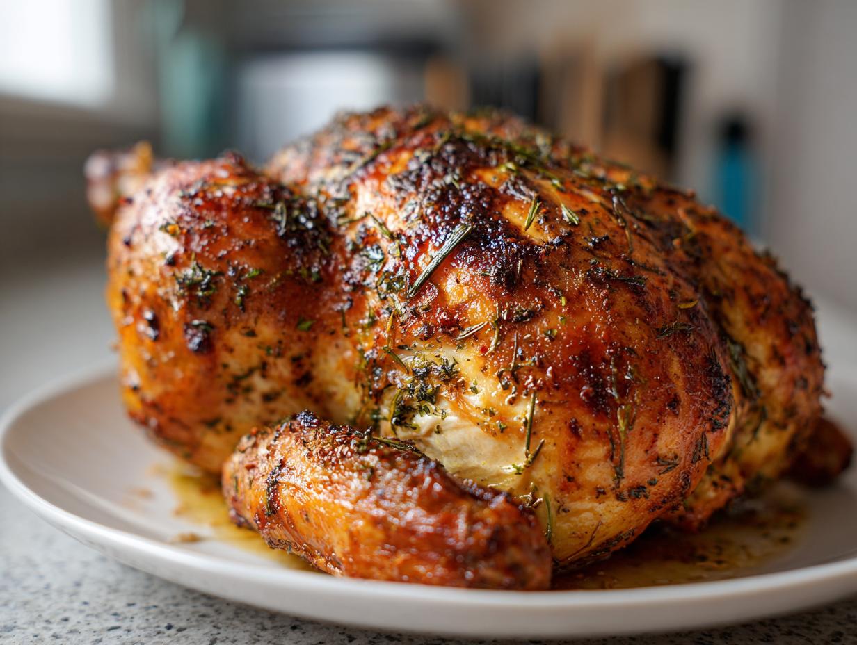 A whole, perfectly roasted Lemon herb rotisserie chicken with deeply browned, herb-crusted skin resting on a white plate.
