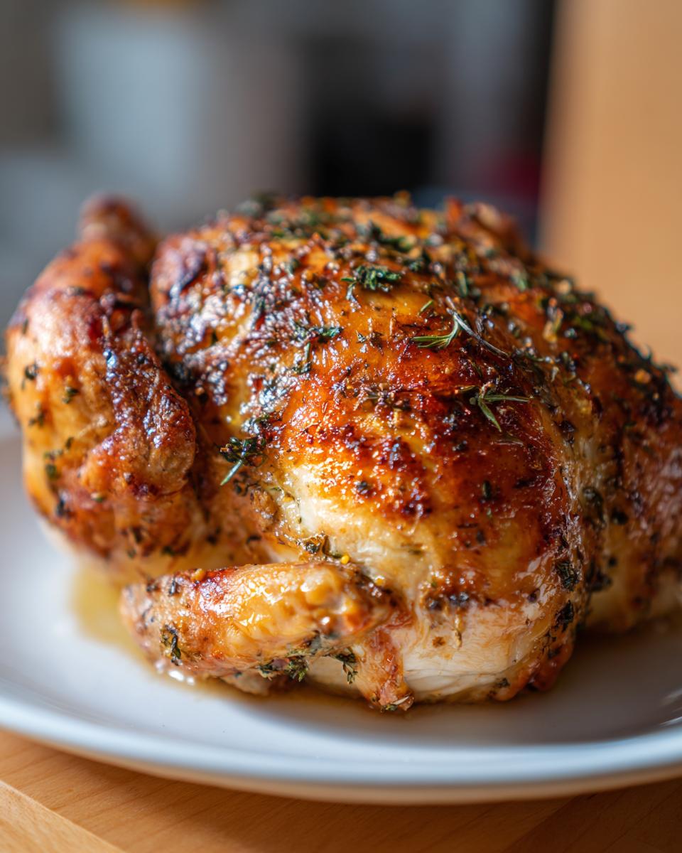 A close-up of a whole, perfectly roasted Lemon herb rotisserie chicken with golden-brown, herb-crusted skin resting on a white plate.