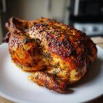 A whole, perfectly roasted Lemon herb rotisserie chicken with dark, crispy skin covered in herbs, resting on a white plate.