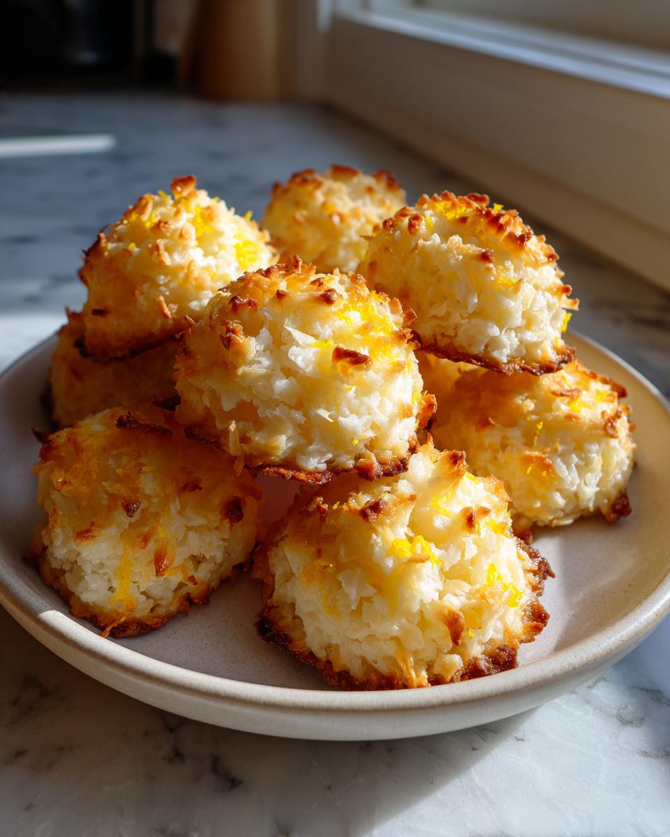 A stack of golden brown, toasted lemon zest macaroon cookies sprinkled with bright yellow zest.