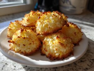A close-up of several golden-brown Lemon Zest Macaroons piled on a white plate, catching bright sunlight.