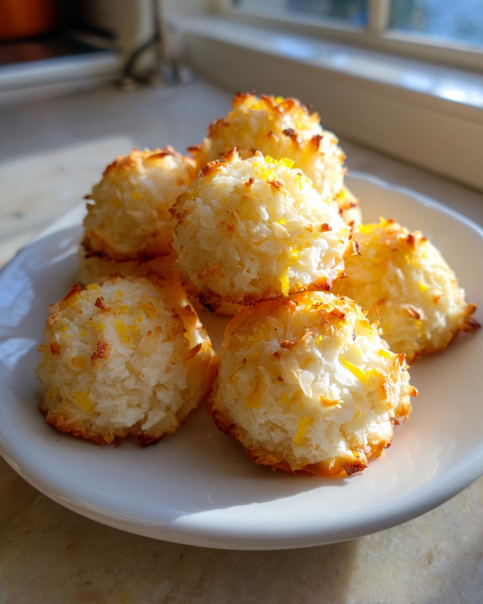 A pile of golden-brown Lemon Zest Macaroons dusted with bright yellow zest, sitting on a white plate near a window.