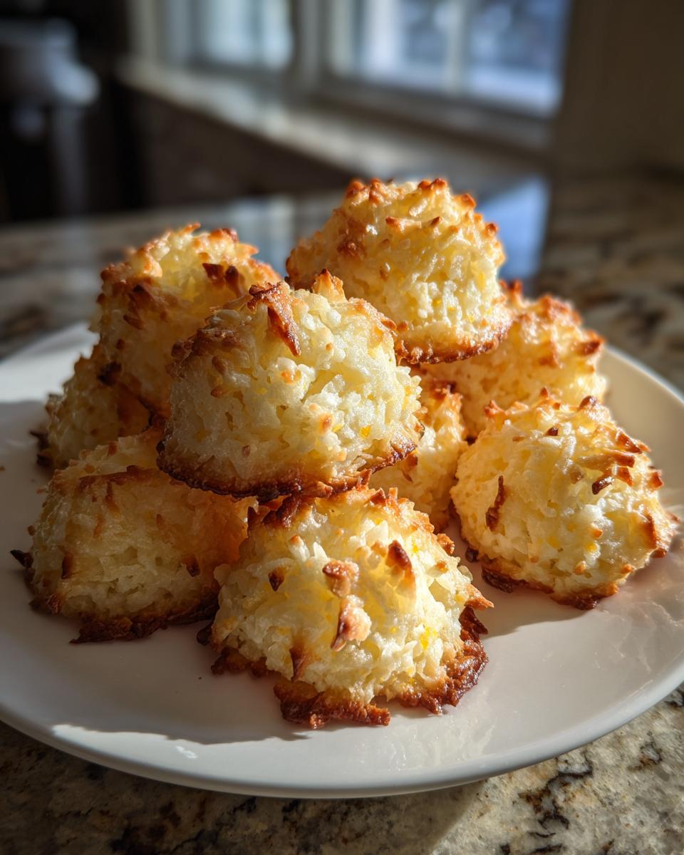 A pile of freshly baked, golden brown Lemon Zest Macaroons with toasted edges on a white plate.