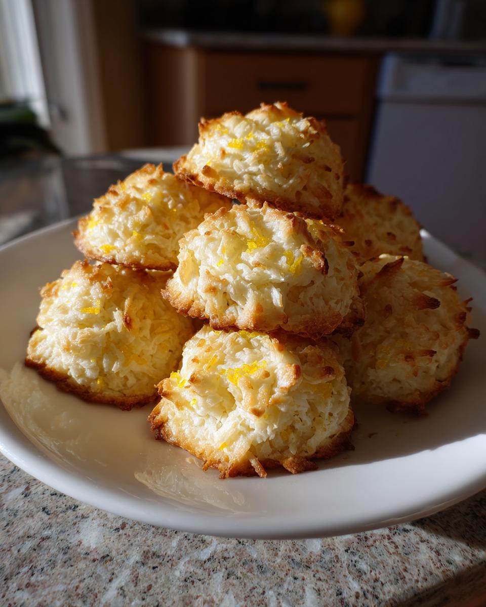 A stack of freshly baked Lemon Zest Macaroon cookies topped with bright yellow zest, sitting on a white plate.