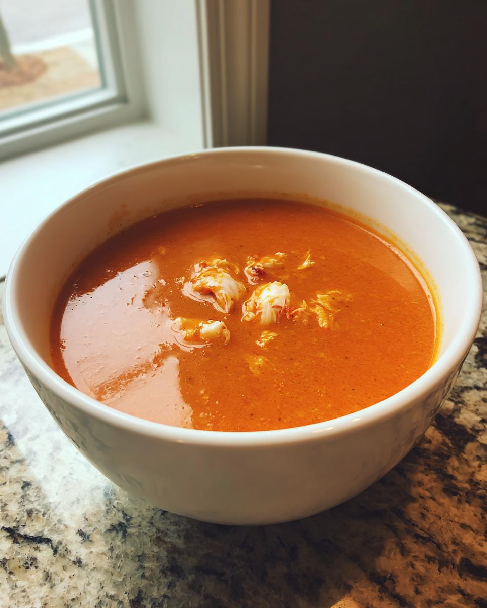 A white bowl filled with creamy, orange-red lobster bisque, topped with chunks of white lobster meat.