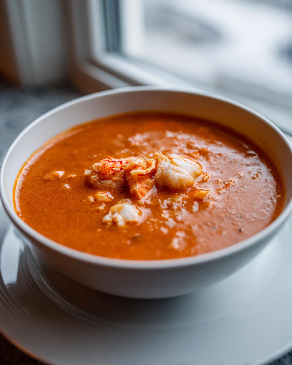 A close-up of a creamy, orange-red bowl of homemade lobster bisque topped with chunks of white lobster meat.