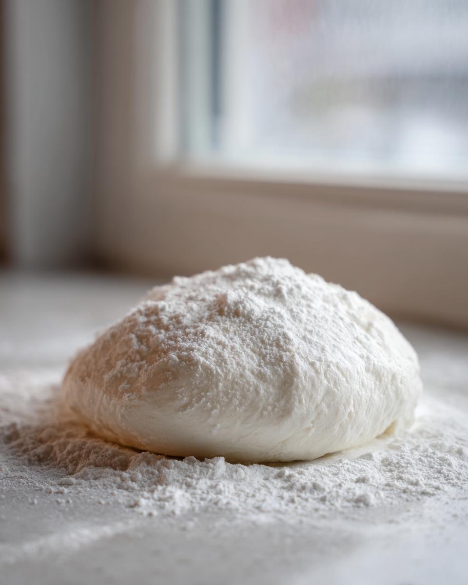 A smooth, white ball of dough, likely marshmallow fondant, dusted heavily with powdered sugar.