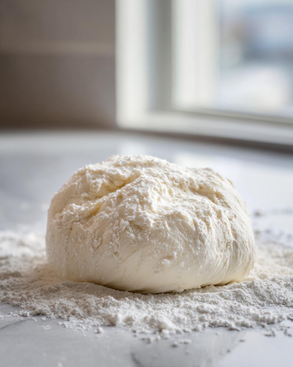 A smooth ball of white marshmallow fondant dough resting on a dusting of powdered sugar or flour.