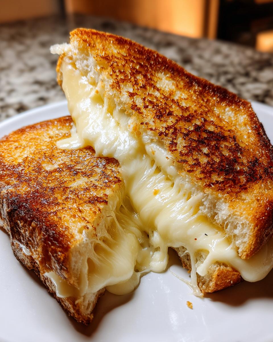 Close-up of a perfectly cooked grilled cheese sandwich cut in half, showing extreme cheese pull and golden-brown bread.