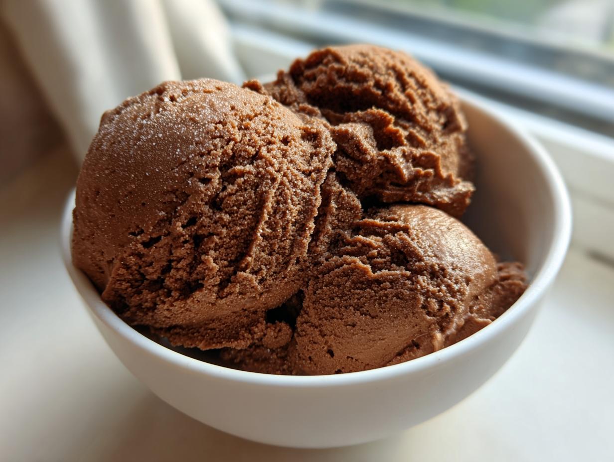 Three scoops of rich, dark brown Mexican chocolate ice cream served in a small white bowl.