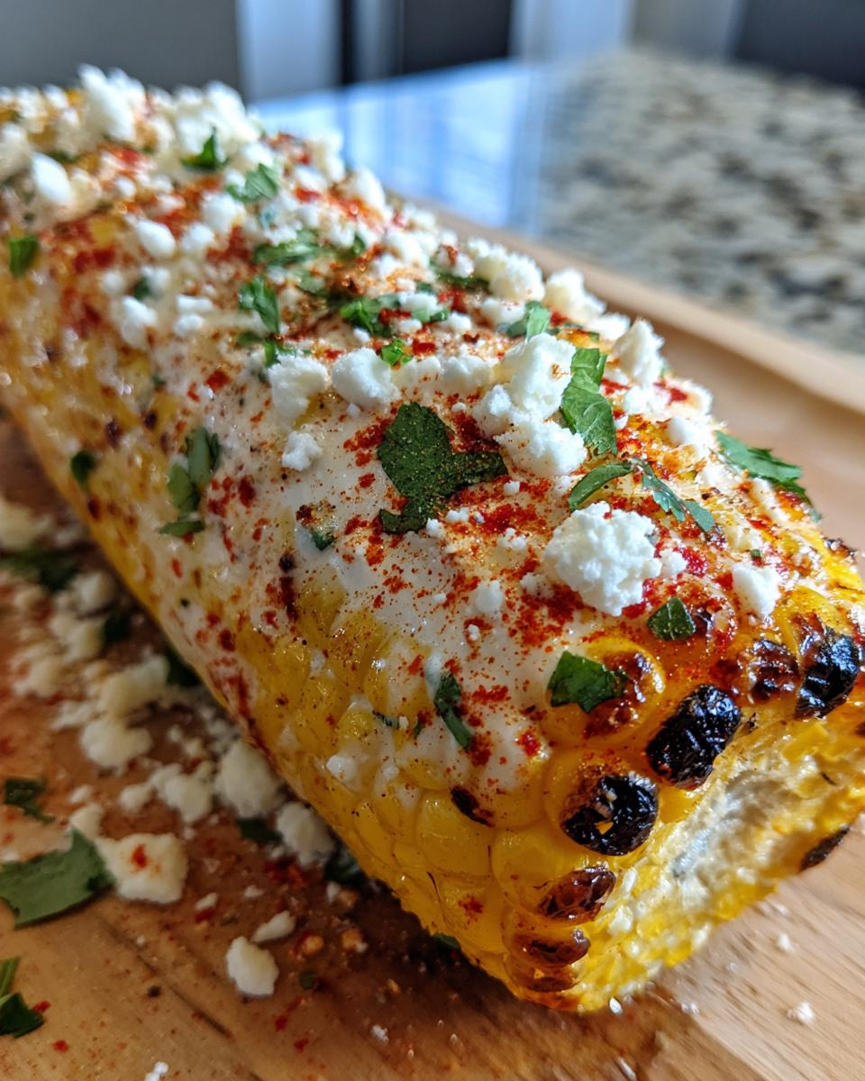 Close-up of grilled Mexican street corn (elote) generously topped with crema, cotija cheese, chili powder, and cilantro.
