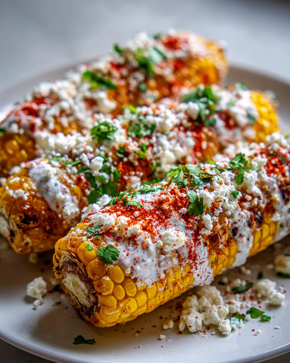 Three ears of grilled Mexican street corn (elote) slathered in creamy sauce, cotija cheese, chili powder, and cilantro.
