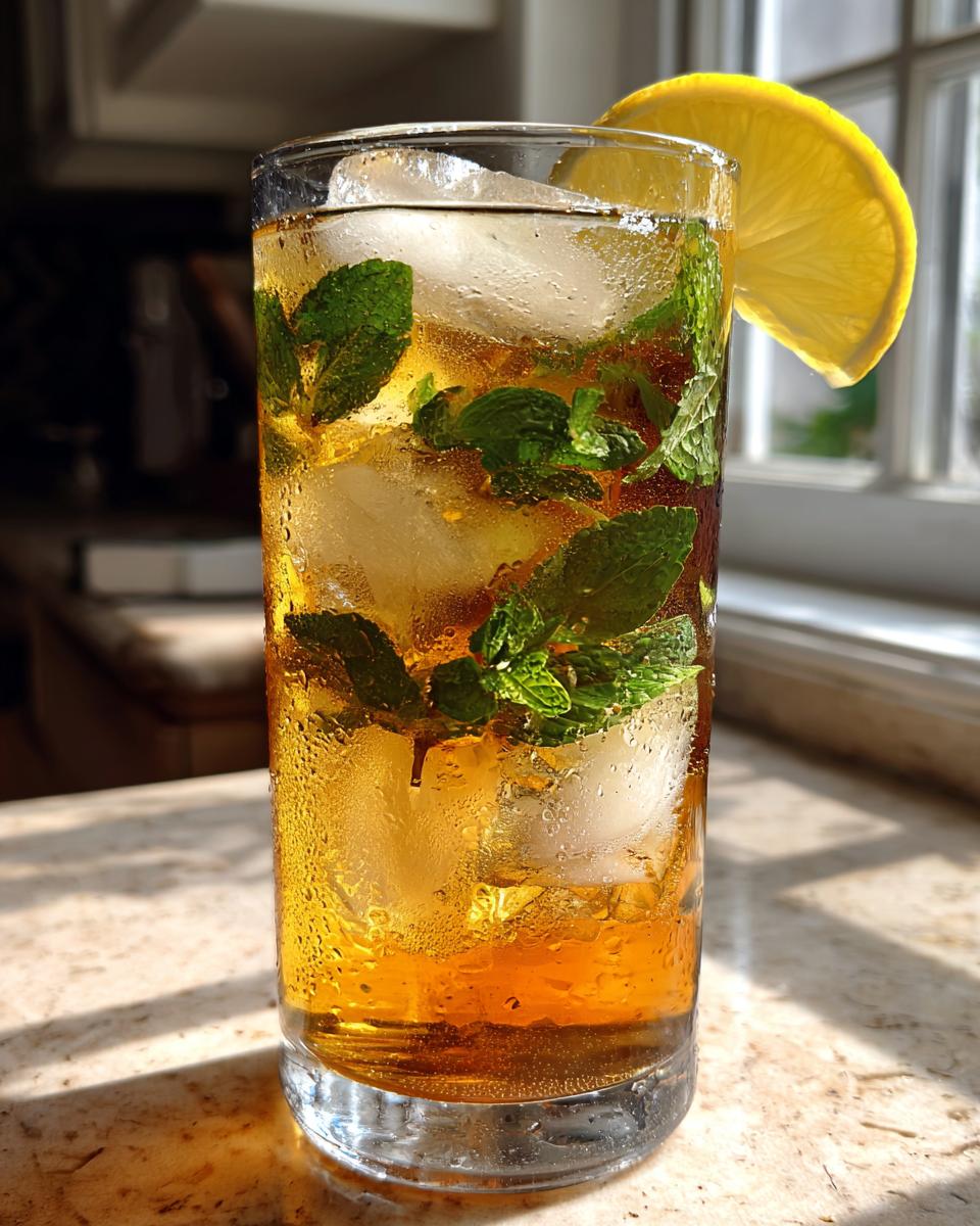 A tall glass filled with cold Mint iced tea, ice cubes, fresh mint leaves, and a lemon slice.