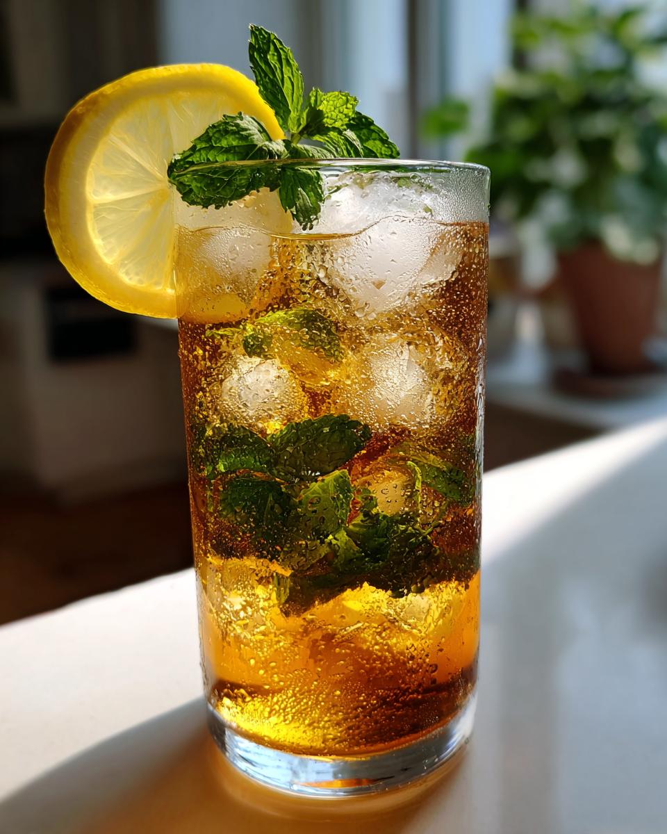 A tall glass filled with cold Mint Iced Tea, ice cubes, fresh mint leaves, and a lemon slice.