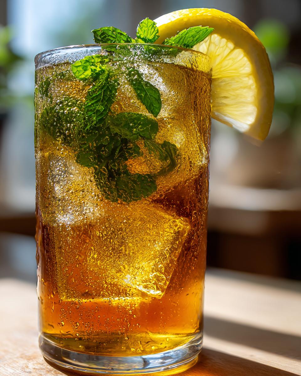 Close-up of a tall, sweating glass filled with golden Mint Iced Tea, ice cubes, fresh mint sprigs, and a lemon slice.