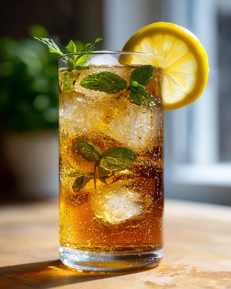 A tall glass filled with ice, dark amber Mint Iced Tea, fresh mint sprigs, and garnished with a lemon slice.