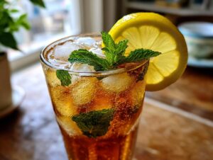 Close-up of a tall glass filled with bubbly Mint Iced Tea, ice cubes, fresh mint sprigs, and a lemon slice.