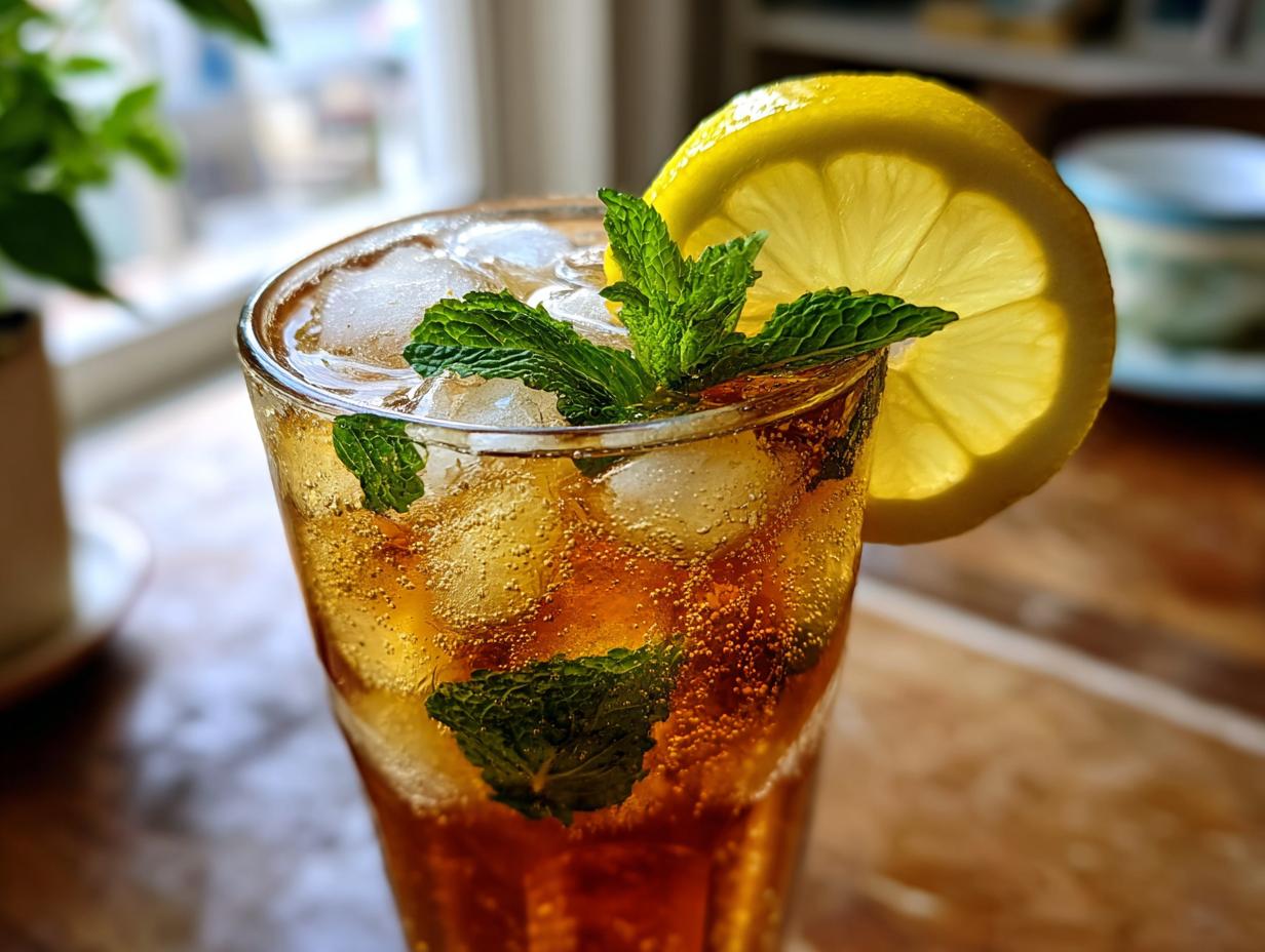 Close-up of a tall glass filled with bubbly Mint Iced Tea, ice cubes, fresh mint sprigs, and a lemon slice.