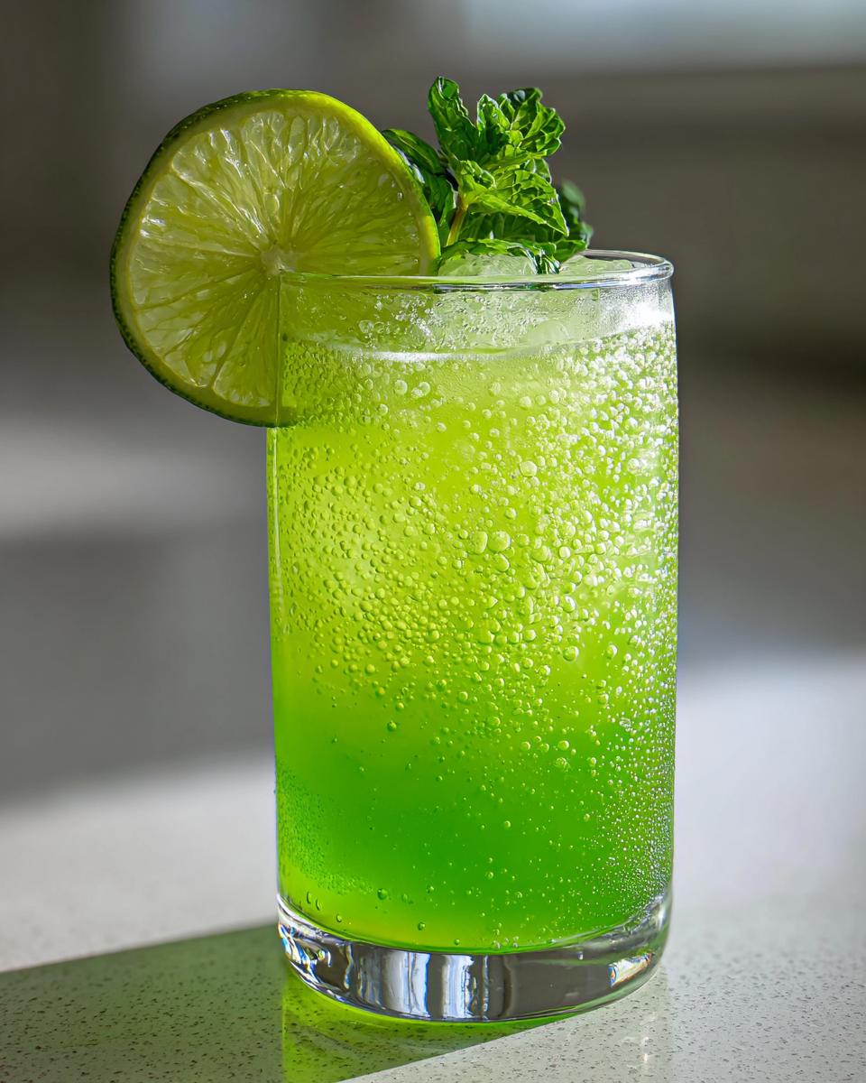 Close-up of a tall glass filled with vibrant green, bubbly Mint limeade, garnished with a fresh lime wheel and mint sprigs.