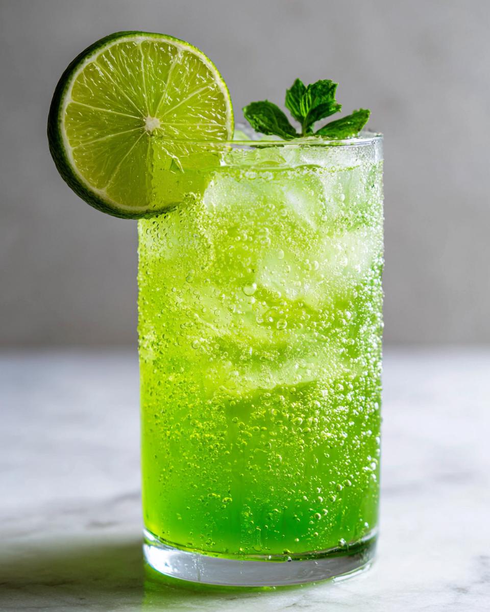 Close-up of a tall, icy glass filled with bright green, fizzy Mint Limeade, garnished with a lime wheel and mint sprig.