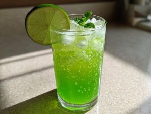 A tall glass filled with bright green, fizzy Mint limeade, ice, garnished with a lime wheel and fresh mint sprigs.