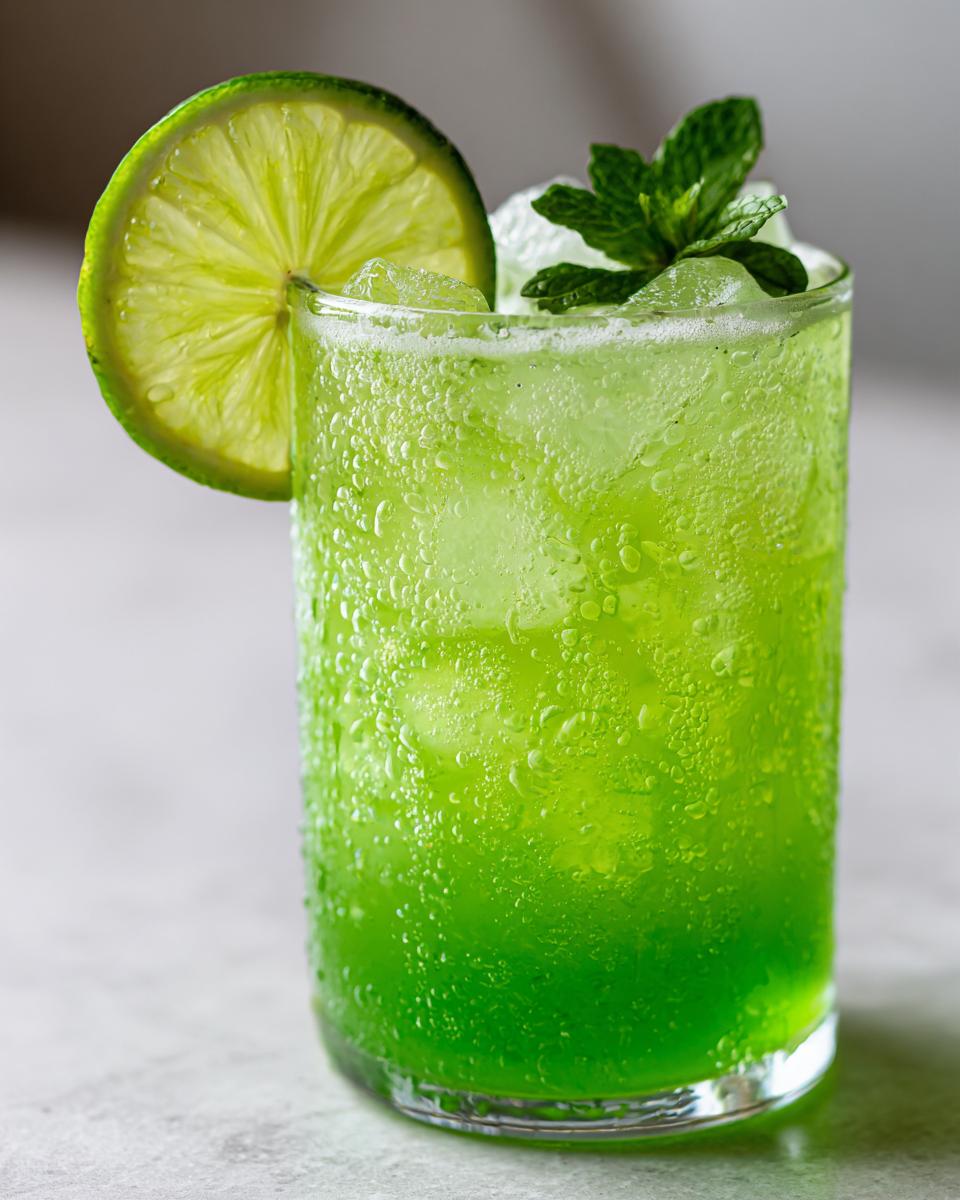 Close-up of a frosty glass filled with vibrant green Mint limeade, garnished with a lime wheel and fresh mint sprig.
