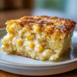 A close-up of a square slice of creamy, baked corn pudding with whole kernels visible.