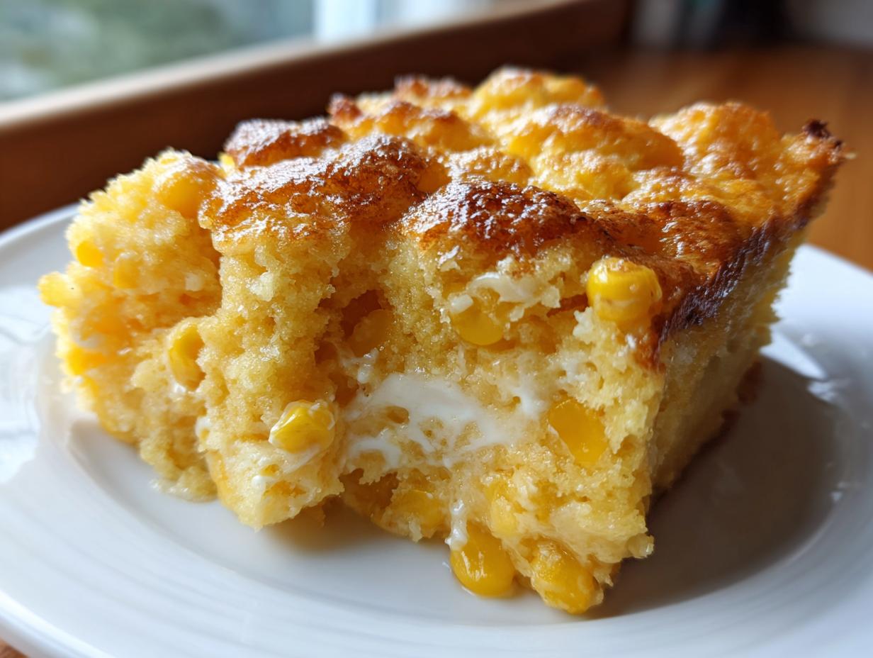 A close-up of a square serving of moist, golden corn pudding with visible whole corn kernels on a white plate.