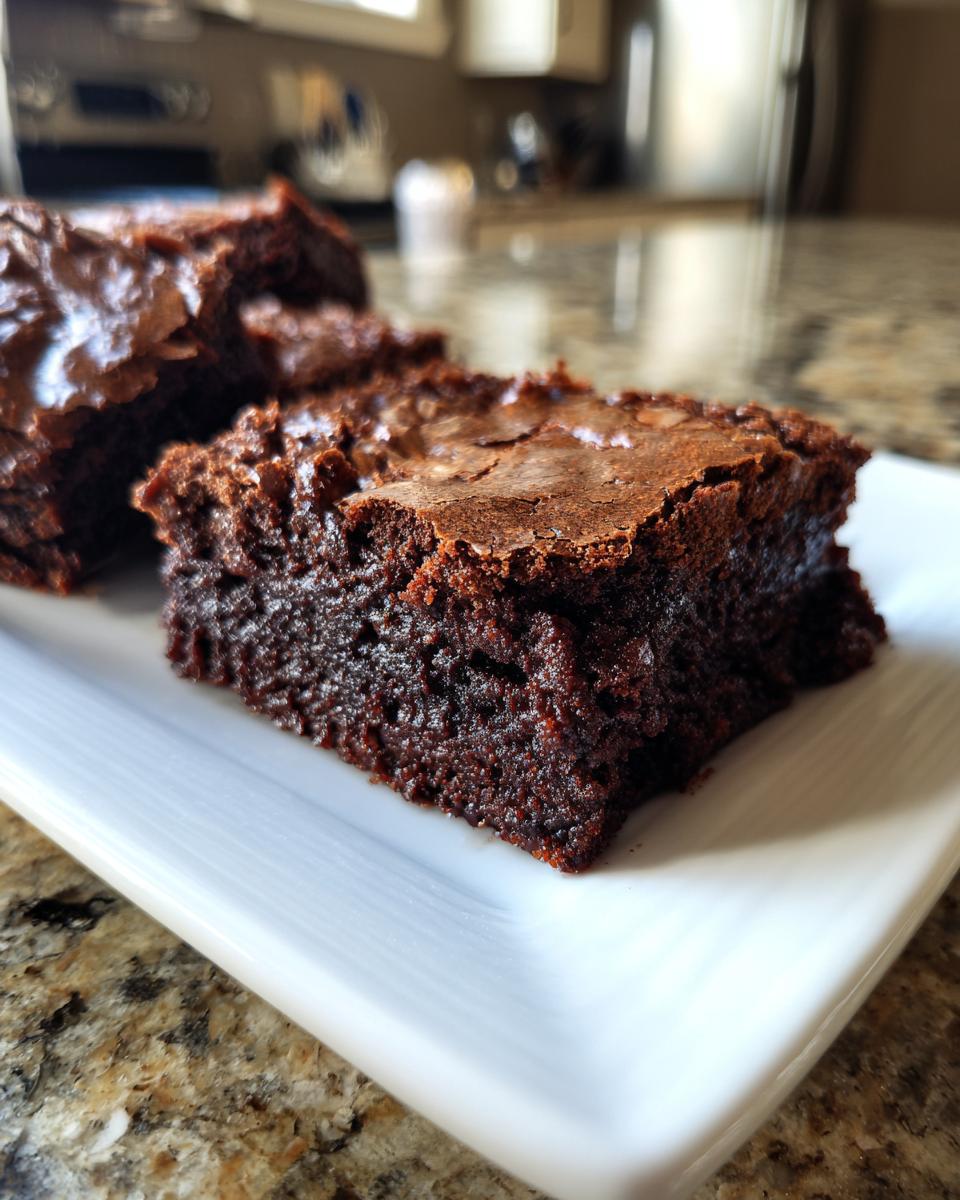 Close-up of a rich, dark chocolate Cottage Cheese Brownie slice with a crackly top, served on a white plate.