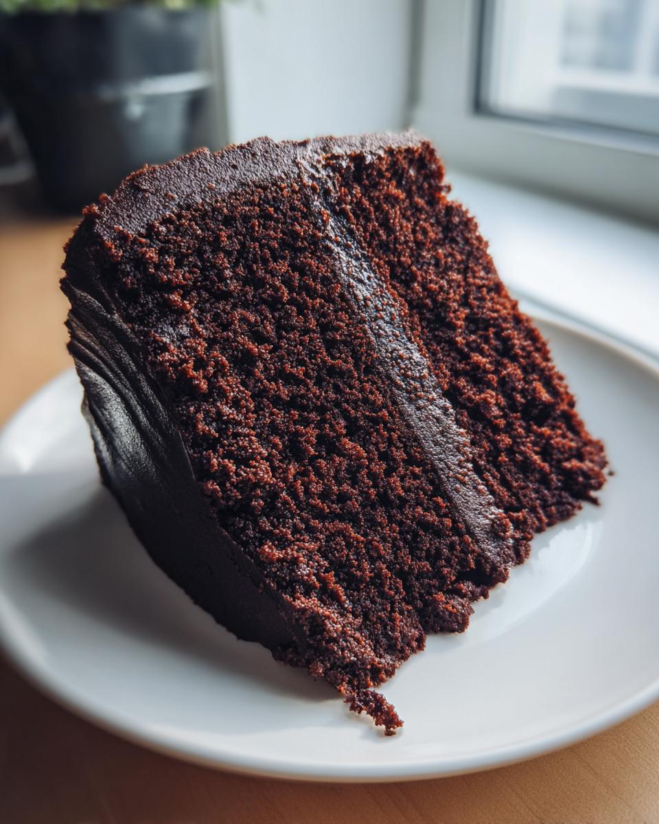 A close-up of a rich, dark slice of Moist devil's food cake on a white plate, showing its moist crumb.