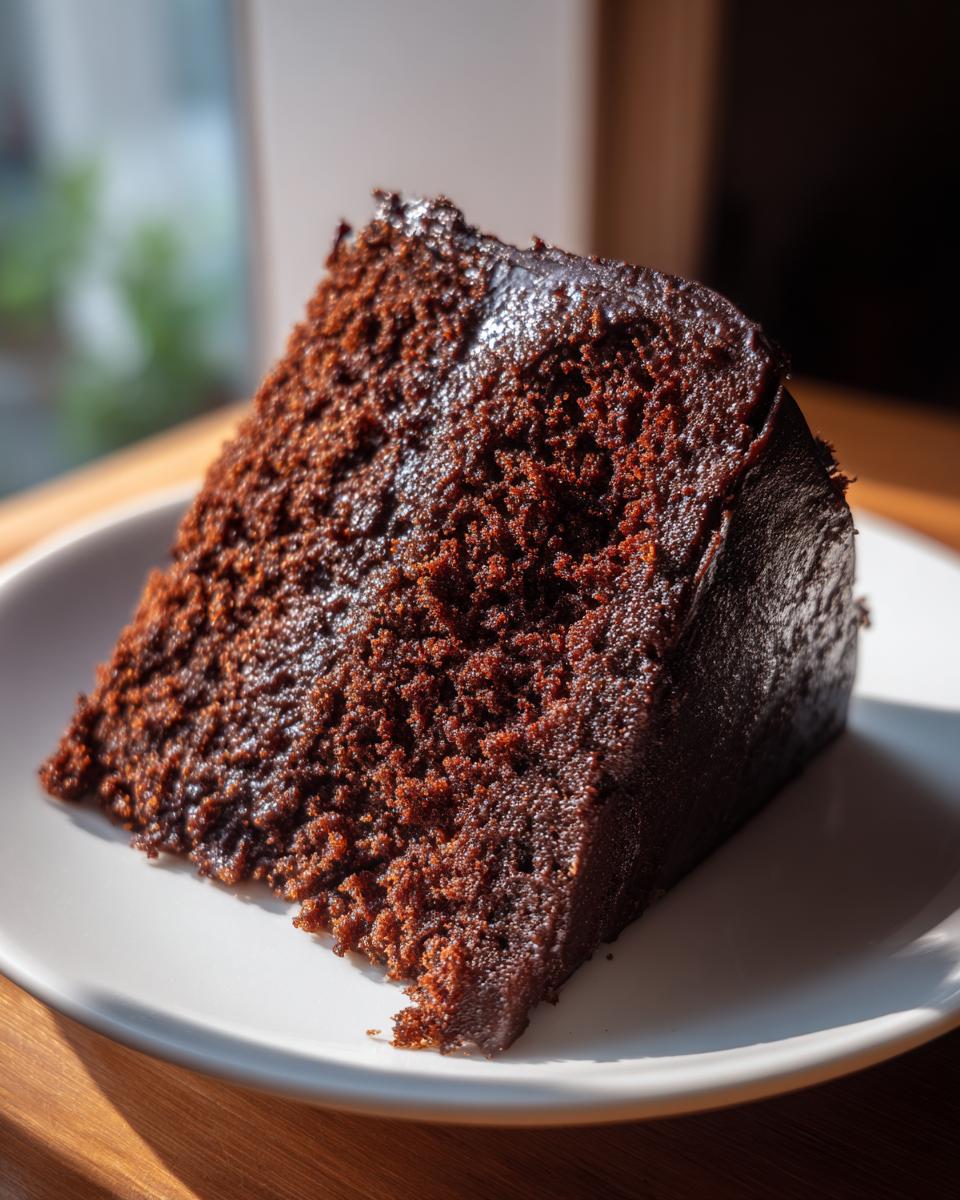 A close-up of a perfectly moist devil's food cake slice with dark chocolate frosting on a white plate.