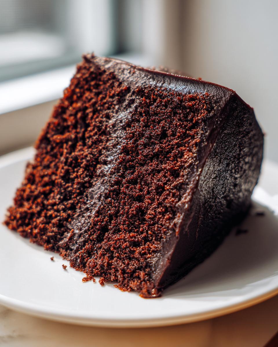 A close-up of a thick slice of Moist devil's food cake covered in dark chocolate ganache or frosting.