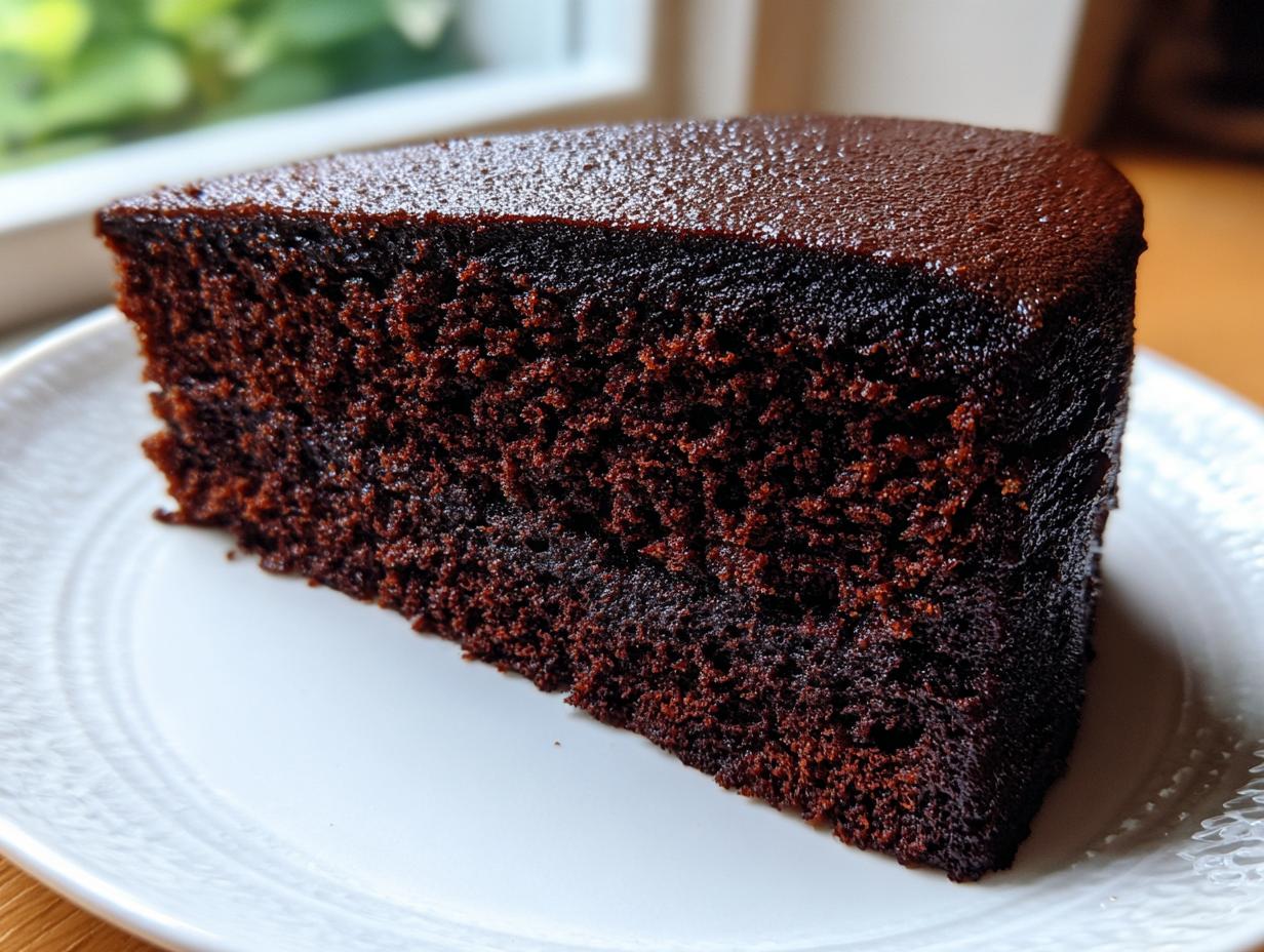 Close-up of a thick slice of dark, rich Moist devil's food cake showing its dense, moist crumb texture.