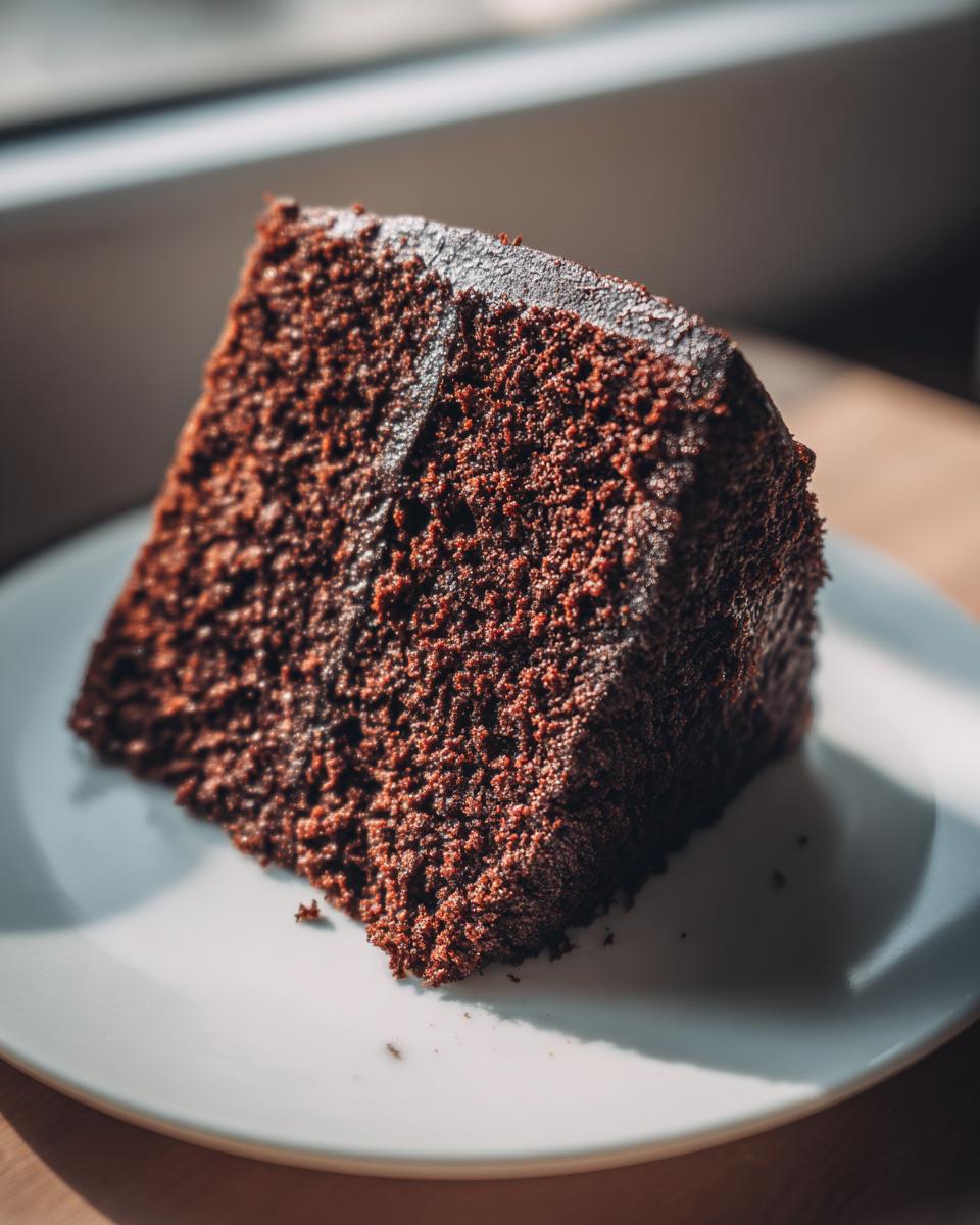 A close-up, dramatically lit slice of very dark, rich Moist devil's food cake on a white plate.