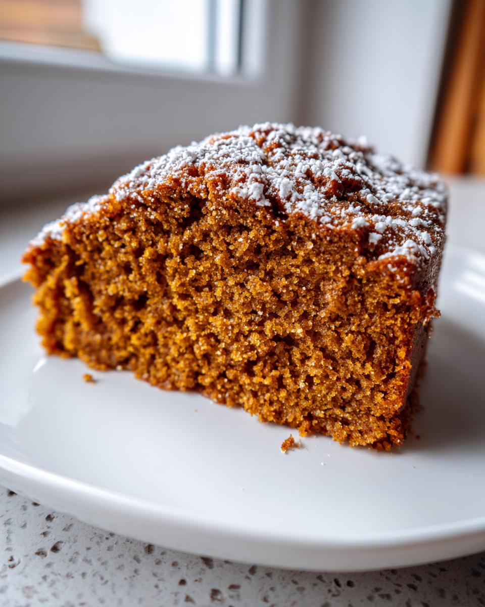 Close-up of a moist slice of dark brown spiced applesauce cake topped with a dusting of powdered sugar.