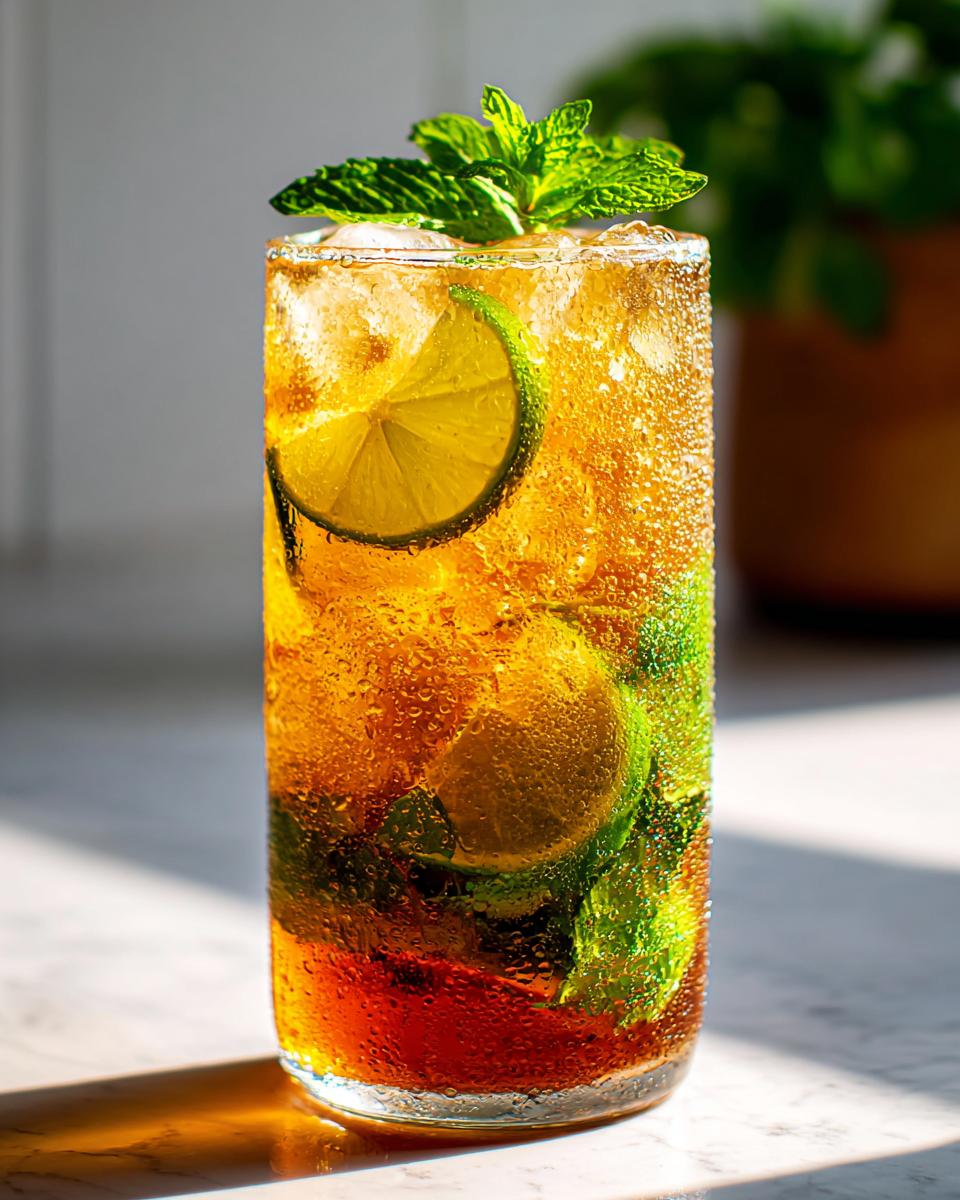 A tall, sweating glass filled with cold Mojito iced tea, garnished with lime slices and fresh mint leaves.