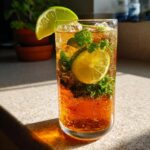Close-up of a tall glass filled with bubbly Mojito Iced Tea, garnished with fresh mint leaves and lime slices.