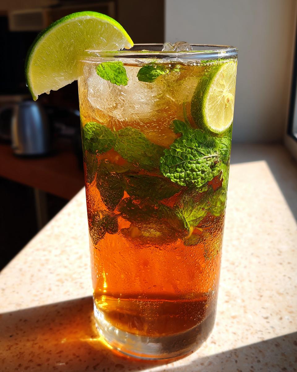 Close-up of a tall glass filled with refreshing Mojito iced tea, loaded with mint leaves, ice, and garnished with lime slices.
