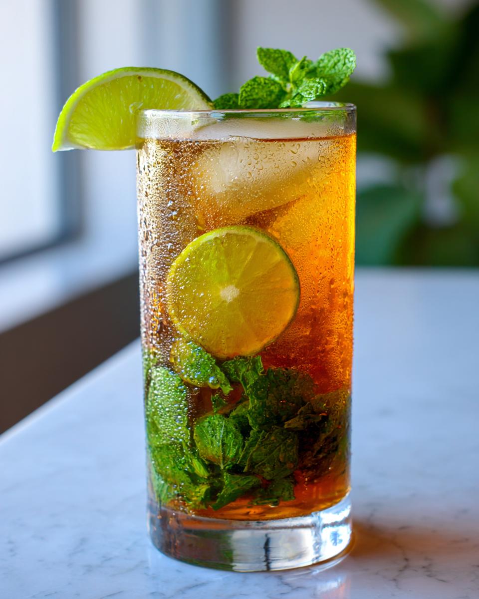 Close-up of a tall glass of condensation-covered Mojito iced tea, garnished with fresh mint and lime slices.