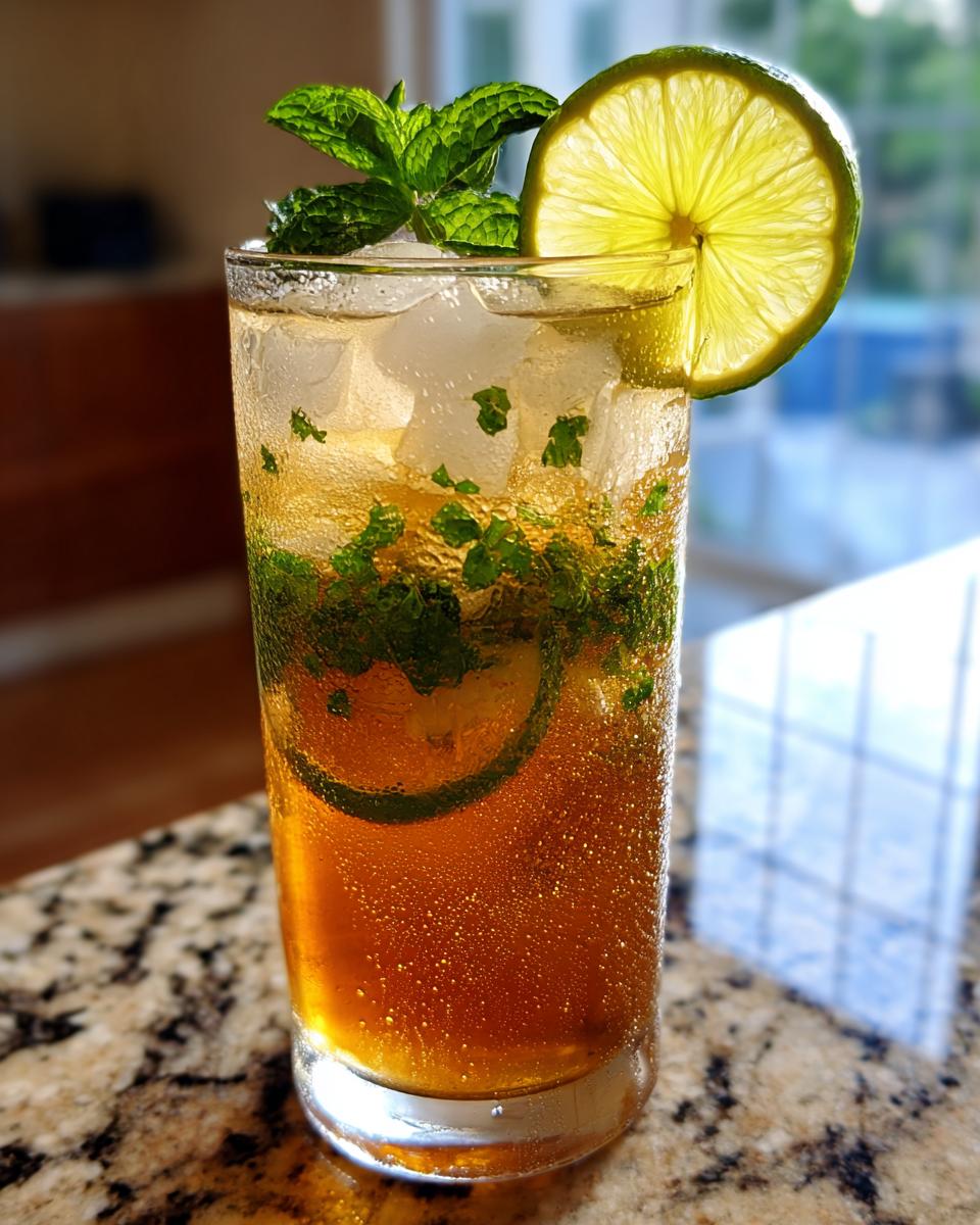 Close-up of a tall glass filled with bubbling Mojito iced tea, muddled mint, ice, and garnished with a lime wheel.
